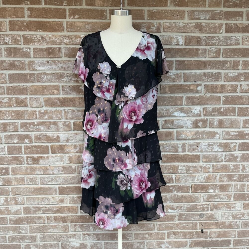 SLNY Black Floral Tiered Chiffon Dress Size 18 Plus